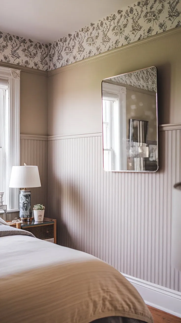 The perfect blend of classic and contemporary, this wallpaper and beadboard bedroom is a dream.  The beadboard wainscoting, installed to a strategic height, adds texture and visual interest.  Wondering how to add beadboard to walls?  This image provides inspiration for your own wainscoting installation project.  From choosing the right beadboard wainscoting height to learning how to hang a mirror over wainscoting, this room offers a wealth of DIY ideas.  While this is a bedroom, imagine the possibilities – beadboard ceiling hallway, beadboard bathroom DIY… the options are endless!