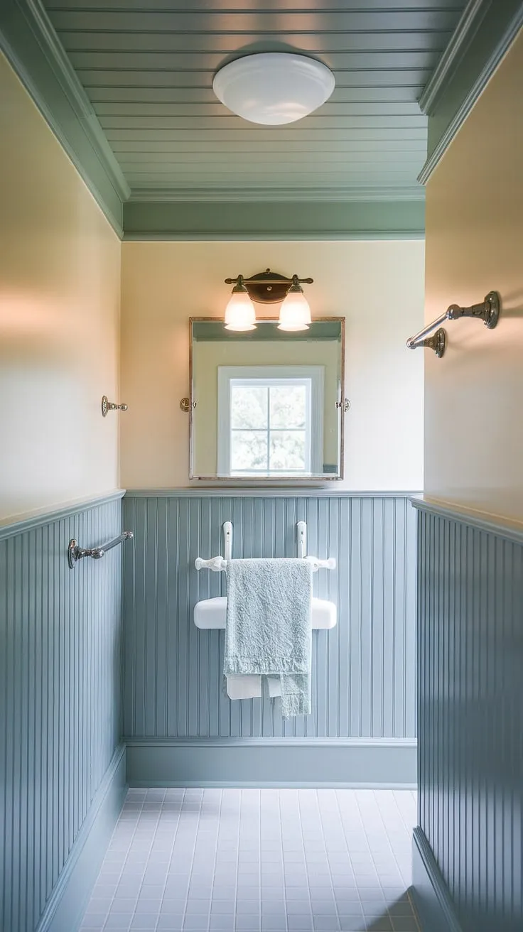 The beauty of beadboard wainscoting is on full display in this inviting bathroom.  From the strategic beadboard wainscoting height to the perfectly complemented beadboard ceiling, this space is a masterclass in wainscoting installation.  Discover how to add beadboard to walls and transform your own space.  This project is a testament to the versatility of beadboard, inspiring ideas for beadboard bathroom DIY projects, beadboard and batten accents, and even beadboard ceiling hallway designs.  See how seamlessly the mirror integrates, providing a helpful guide on how to hang a mirror over wainscoting.