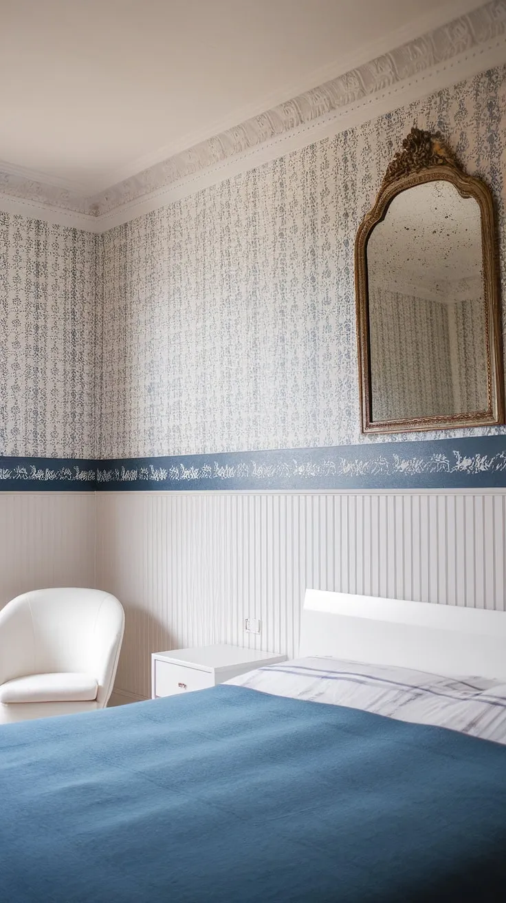 Transform your space with the timeless elegance of beadboard wainscoting! This bedroom's design perfectly illustrates how to add beadboard to walls, showcasing a stunning combination of beadboard wall installation and a delicate blue and white wallpaper.  The strategic beadboard wainscoting height creates visual interest, while the ornate mirror above provides a focal point.  Explore how to hang a mirror over wainscoting and discover the endless possibilities of beadboard and batten.  From beadboard bathroom DIY to beadboard ceiling hallway projects, this design inspires creative home renovations.