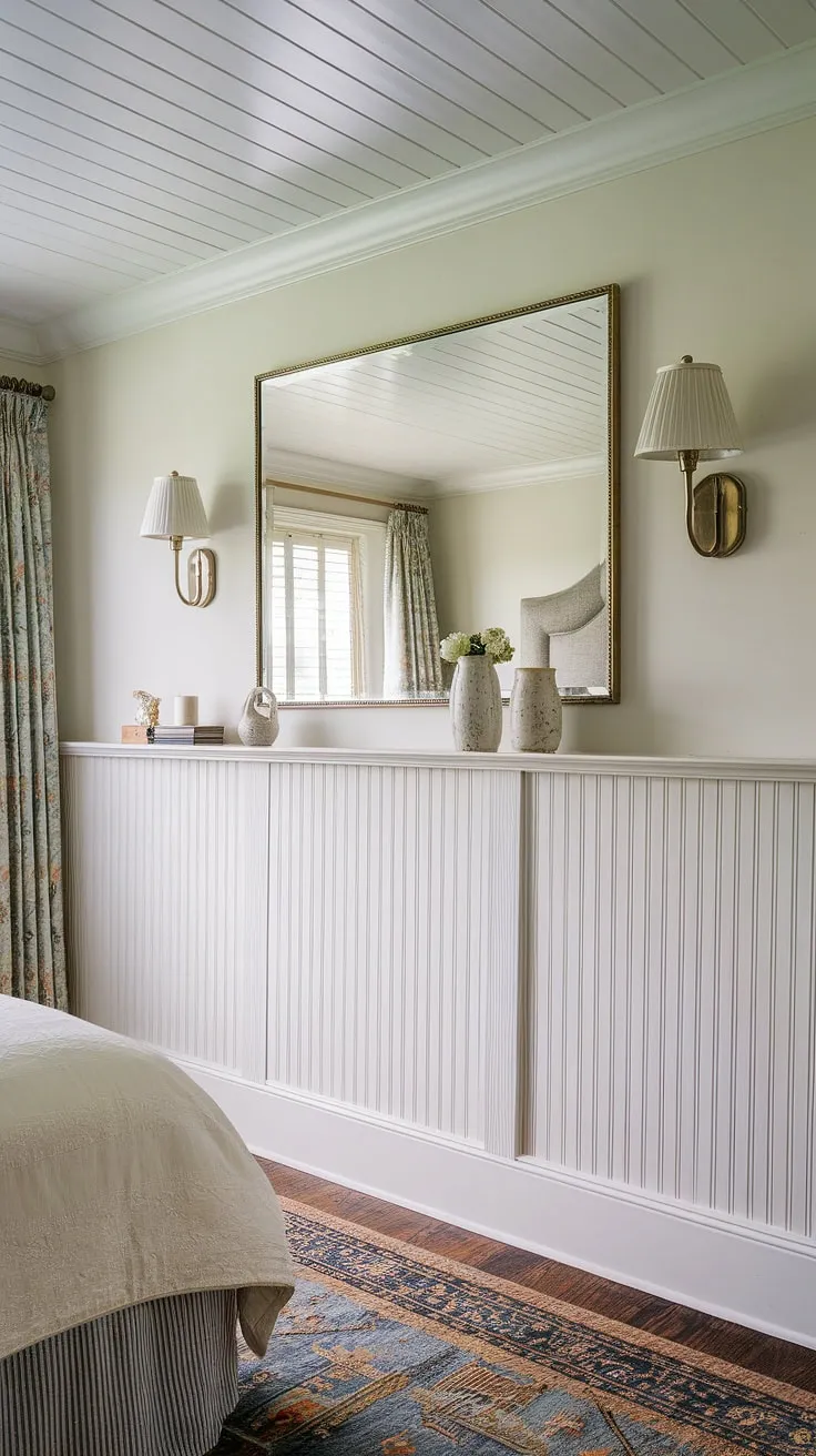 This serene bedroom showcases the timeless elegance of beadboard wainscoting, a detail easily achieved with proper wainscoting installation.  Learn how to add beadboard to walls and transform your space, whether you're considering a beadboard bathroom DIY or a beadboard ceiling hallway.  The strategic placement of the mirror, a simple guide on how to hang a mirror over wainscoting, adds depth.  This design perfectly blends wallpaper and beadboard bedroom aesthetics, proving that beadboard and batten aren't just for traditional spaces.  Consider the beadboard wainscoting height for your own project.