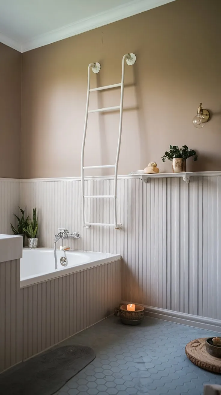 This serene bathroom showcases the timeless elegance of beadboard wainscoting, extending from floor to ceiling for a truly immersive experience.  Learn how to add beadboard to walls and achieve this look yourself with a DIY beadboard bathroom project.  Consider the height of your beadboard wainscoting carefully—full height, as seen here, creates a dramatic effect.  While this space features a unique ladder detail, you could explore other options like how to hang a mirror over wainscoting.  For other rooms, think about beadboard and batten, or even a beadboard ceiling hallway for a cohesive design.  Beyond bathrooms, explore wallpaper and beadboard bedroom combinations for a versatile design element.  The wainscoting installation process, while detailed, is achievable with the right guidance.
