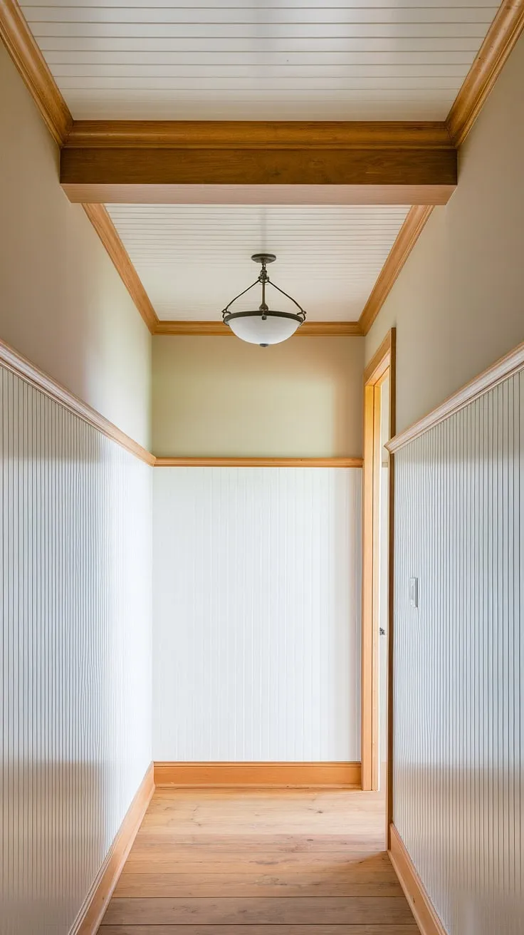 The beadboard ceiling hallway is a stunning example of how beadboard wainscoting can transform a space.  The clean lines and bright white beadboard create a sense of spaciousness, while the wood accents add rustic charm.  This project is a testament to the versatility of beadboard wall installation, offering inspiration for your own home renovation.  Whether you're considering a beadboard bathroom DIY or a more extensive project, this image provides a wealth of ideas, from choosing the right beadboard wainscoting height to learning how to hang a mirror over wainscoting.  Explore the possibilities of beadboard and batten for a timeless and elegant design.