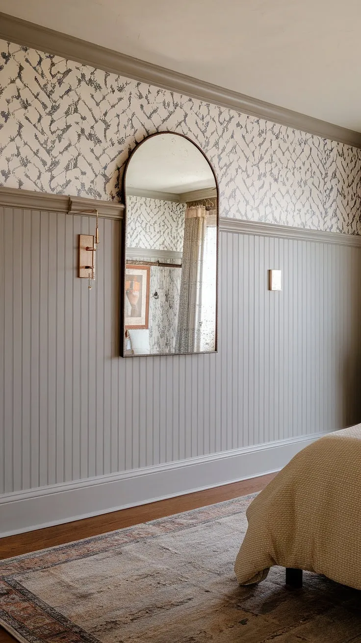 This bedroom's elegant transformation showcases the seamless beauty of beadboard wainscoting, extending all the way to the ceiling for a truly captivating effect.  The wallpapered accent wall above adds a touch of personality, while the strategically placed mirror offers a practical and stylish solution, answering the question of how to hang a mirror over wainscoting perfectly.  The beadboard ceiling hallway adds a cohesive design element, and the entire project serves as inspiration for those wondering how to add beadboard to walls, whether it's a beadboard bathroom DIY or a larger-scale project.  Consider this a masterclass in wainscoting installation and achieving the ideal beadboard wainscoting height.  The beadboard and batten aesthetic is effortlessly chic.
