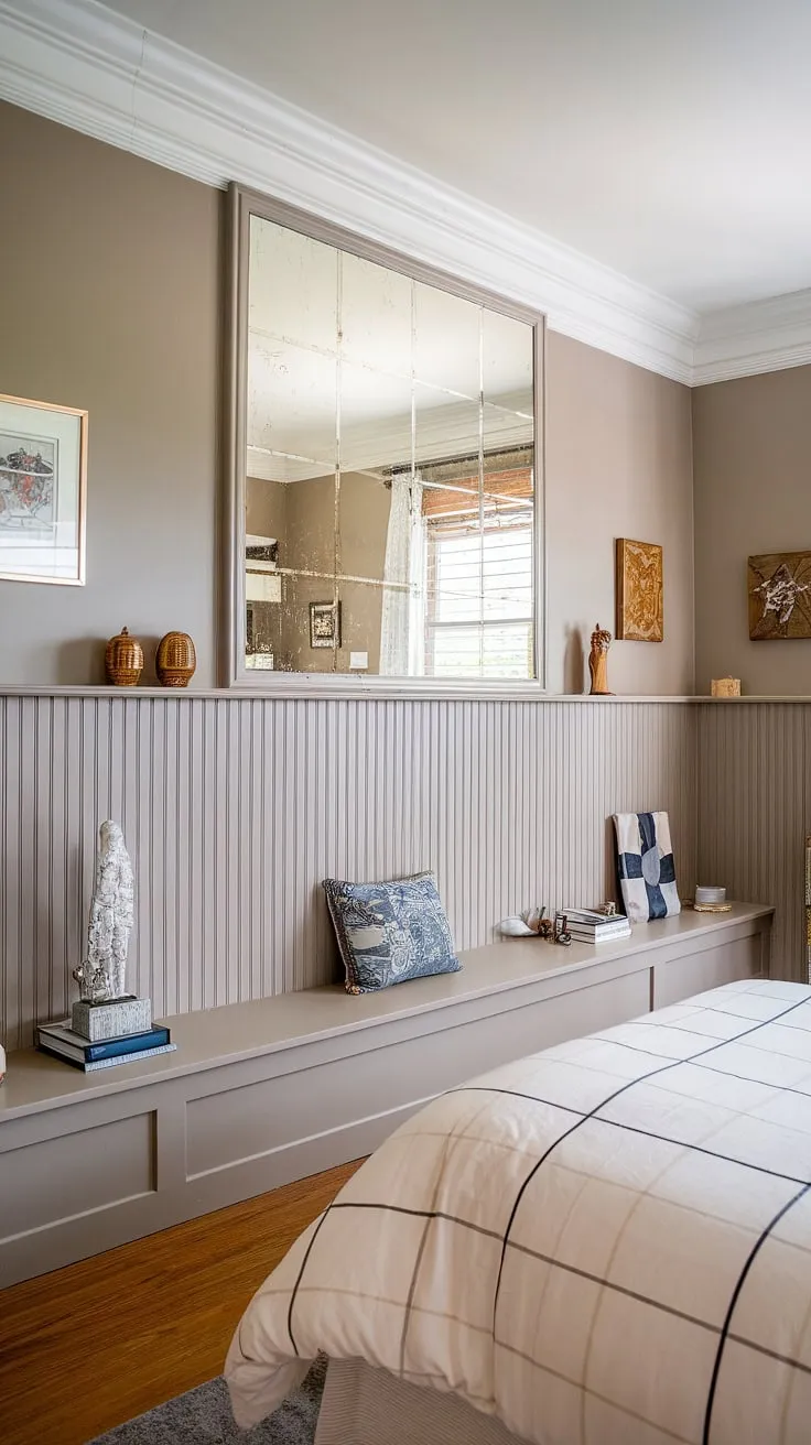 This bedroom's elegant beadboard wainscoting, extending all the way to the ceiling, creates a seamless and sophisticated look.  Learn how to add beadboard to walls and achieve this stunning effect yourself – from wainscoting installation to hanging a mirror over wainscoting, the possibilities are endless.  Consider beadboard and batten for added texture, or explore beadboard wainscoting height options to suit your space.  While this showcases a wallpaper and beadboard bedroom, the technique works beautifully in other rooms too, such as a beadboard bathroom DIY or even a beadboard ceiling hallway.
