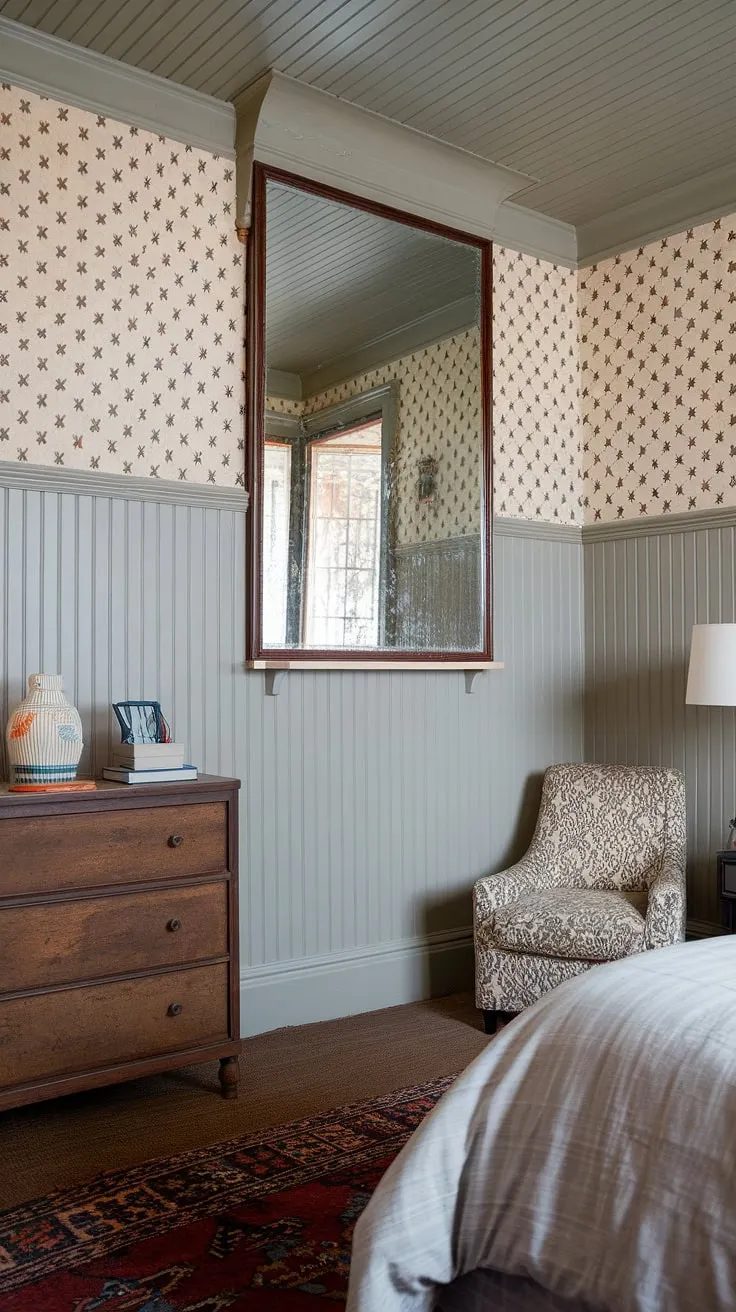 This bedroom's charm is undeniable, a testament to the beauty of beadboard wainscoting.  The perfect wainscoting height complements the wallpaper above, creating a sophisticated contrast.  Learn how to add beadboard to walls and achieve this look yourself – from wainscoting installation to hanging a mirror over wainscoting, the possibilities are endless.  Consider beadboard and batten for added texture, or explore beadboard bathroom DIY projects for a cohesive style throughout your home.  Even a beadboard ceiling hallway could elevate your space.