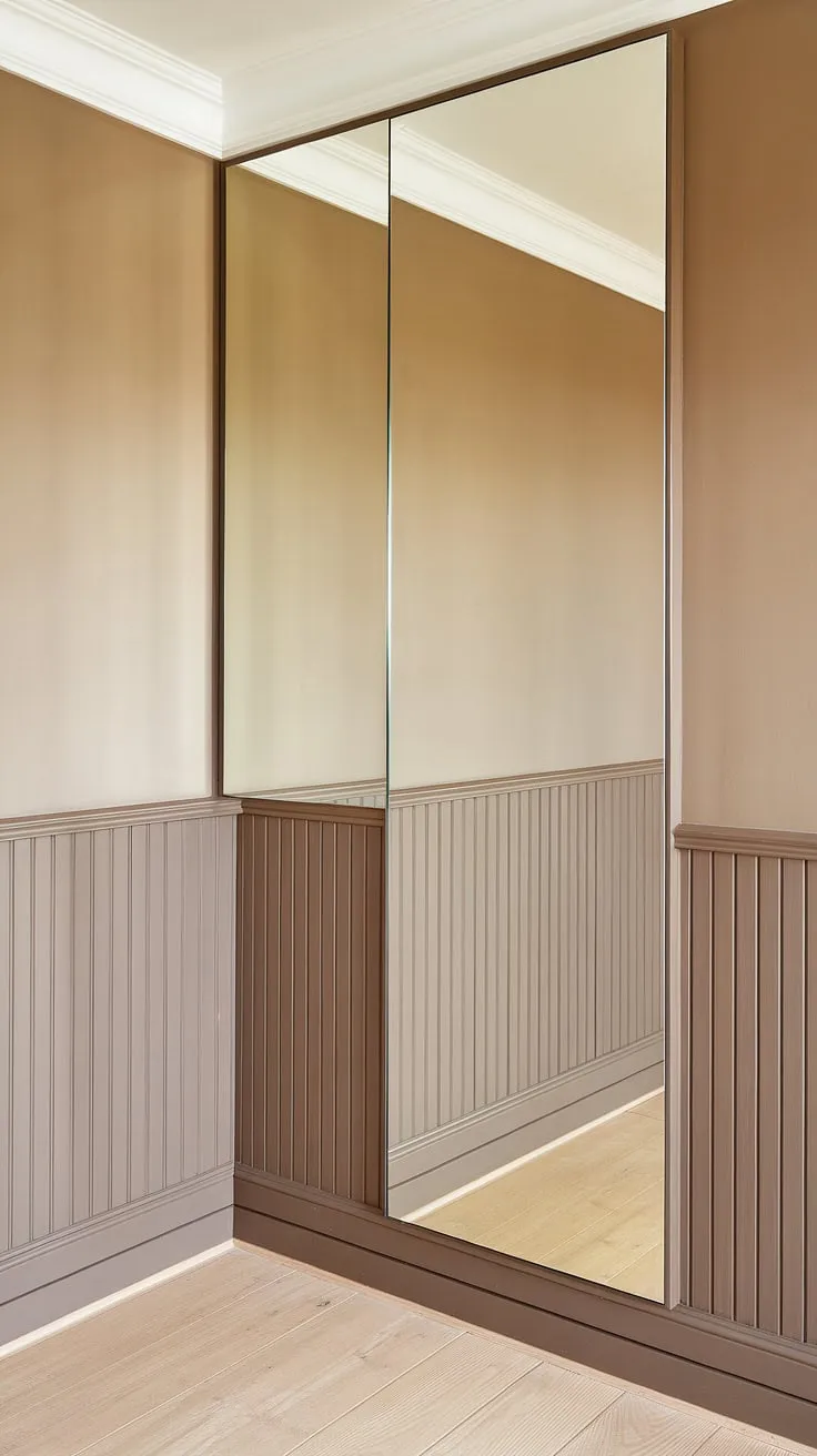 The calming beige walls and light wood floors create a perfect backdrop for this stunning beadboard wainscoting installation.  The beadboard wainscoting height, reaching to the top of the mirror, is a design choice worth considering for your own home.  From beadboard bathroom DIY projects to how to hang a mirror over wainscoting, and even beadboard and batten options, this image inspires countless possibilities.  Explore how to add beadboard to walls and transform your space, whether you're considering a wallpaper and beadboard bedroom or a beadboard ceiling hallway.