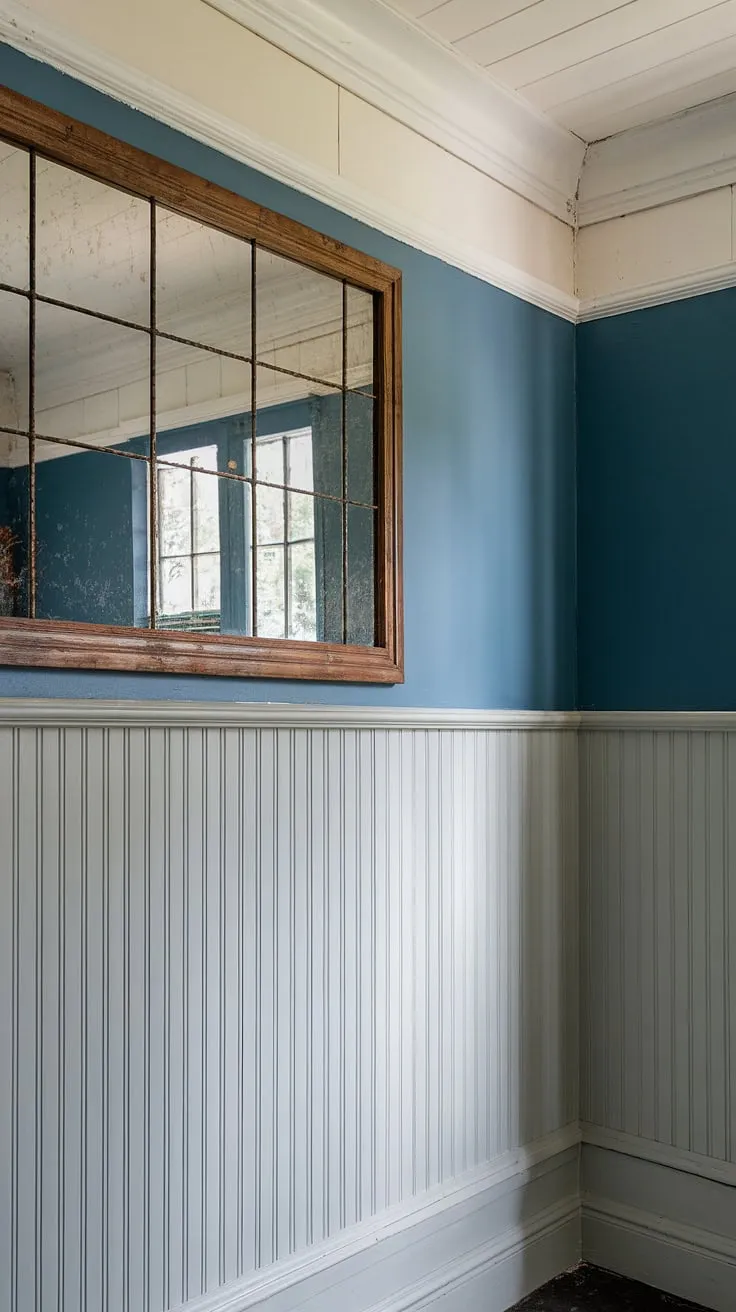 This room's charm speaks volumes!  The crisp white beadboard wainscoting, perfectly complemented by the calming blue, creates a space that's both rustic and refined.  Learn how to add beadboard to walls and achieve this look yourself – from wainscoting installation to choosing the perfect beadboard wainscoting height.  Consider beadboard and batten for added texture, or explore beadboard bathroom DIY projects for a similar aesthetic.  And for the finishing touch, discover how to hang a mirror over wainscoting, just like this one.  Thinking of wallpaper and beadboard bedroom ideas? This might just inspire you!  Even a beadboard ceiling hallway could incorporate this style.