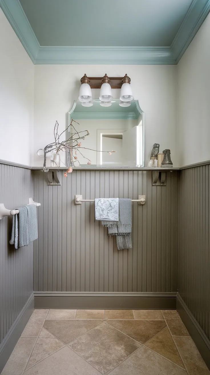 This bathroom's charm is undeniable, thanks to the classic elegance of the beadboard wainscoting.  The wainscoting height perfectly balances the space, and the subtle grey and beige tile floor complements the crisp white mirror.  Thinking of adding beadboard to your own walls?  Learn more about beadboard wall installation and wainscoting installation, including how to hang a mirror over wainscoting, to achieve a similar look.  While this is a bathroom, beadboard and batten, or even beadboard ceiling hallway designs, are equally stunning.  Consider beadboard bathroom DIY for a budget-friendly refresh, or explore wallpaper and beadboard bedroom ideas for a unique touch.