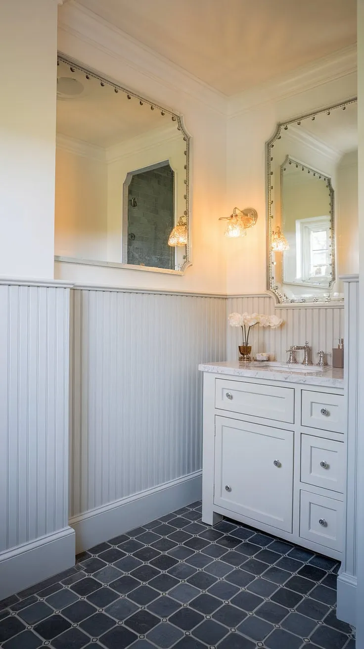 The clean lines and classic charm of this beadboard wainscoting bathroom are simply captivating.  Thinking about beadboard wall installation in your own home? This image showcases a full-height application, offering inspiration for your beadboard wainscoting height choices.  From beadboard bathroom DIY projects to more ambitious undertakings like a beadboard ceiling hallway, this space demonstrates the versatility of beadboard and batten.  Learn how to add beadboard to walls and how to hang a mirror over wainscoting to recreate this timeless look.  Beyond bathrooms, consider wallpaper and beadboard bedroom designs for a similarly elegant feel.