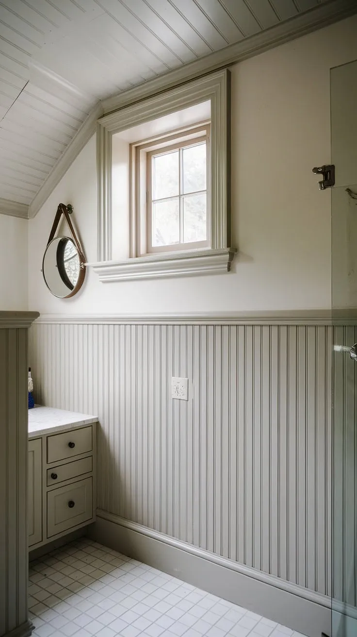 This pristine white bathroom showcases the timeless elegance of beadboard wainscoting, extending from floor to ceiling for a truly immersive experience.  Learn how to add beadboard to walls and achieve this look yourself with a DIY beadboard bathroom project.  The strategic placement of the mirror above the wainscoting, along with the thoughtful beadboard wainscoting height, creates a sense of spaciousness.  Consider this design inspiration for your own beadboard and batten projects, whether it's a beadboard ceiling hallway or a wallpaper and beadboard bedroom.  Mastering wainscoting installation and how to hang a mirror over wainscoting are key to achieving this refined aesthetic.