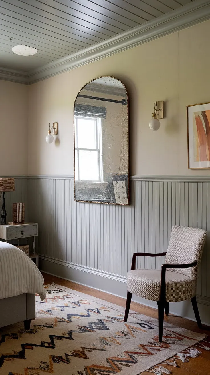 This bedroom's charm is undeniable, thanks to the classic elegance of beadboard wainscoting, extending to a stunning beadboard ceiling.  The patterned rug and carefully chosen furniture complement the design perfectly.  Learn how to add beadboard to walls and achieve this look yourself – from wainscoting installation and beadboard wall installation to figuring out the ideal beadboard wainscoting height and even how to hang a mirror over wainscoting.  Consider beadboard and batten for added texture, or explore beadboard bathroom DIY projects and beadboard ceiling hallway ideas for a cohesive home style.