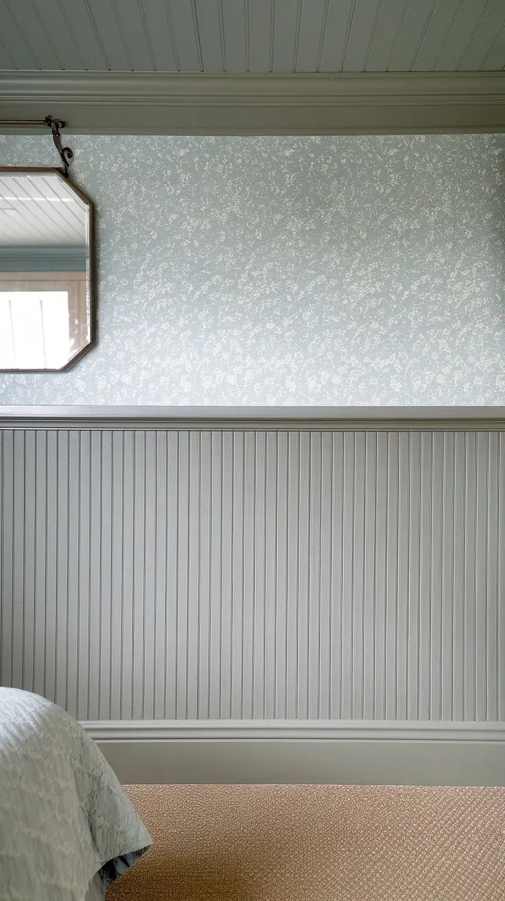 This serene bedroom showcases the beauty of beadboard wainscoting, extending to a perfect height, and complemented by a subtle blue wallpaper above.  Learn how to add beadboard to walls and achieve this charming look yourself, from wainscoting installation to choosing the right beadboard and batten.  The mirror placement offers a stylish solution for how to hang a mirror over wainscoting.  While this is a bedroom, consider beadboard bathroom DIY projects or even beadboard ceiling hallway installations for a cohesive design throughout your home.