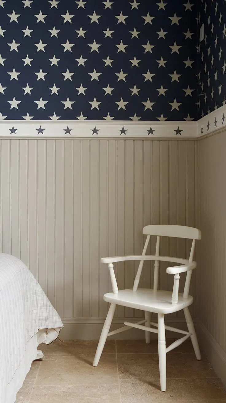 This dreamy bedroom seamlessly blends the classic charm of beige beadboard wainscoting with a celestial navy wallpaper, creating a space that's both sophisticated and playful.  The wainscoting height is perfectly balanced, and the white chair adds a touch of elegance.  Thinking of adding beadboard to your own walls?  This design offers inspiration for beadboard wall installation, from choosing the right beadboard and batten to determining the ideal beadboard wainscoting height.  Consider this a guide for your own wallpaper and beadboard bedroom, or even a beadboard bathroom DIY project.  And while we're at it,  wondering how to add beadboard to walls or how to hang a mirror over wainscoting?  This room provides a beautiful example.  Even a beadboard ceiling hallway could take inspiration from this design's cohesive style.