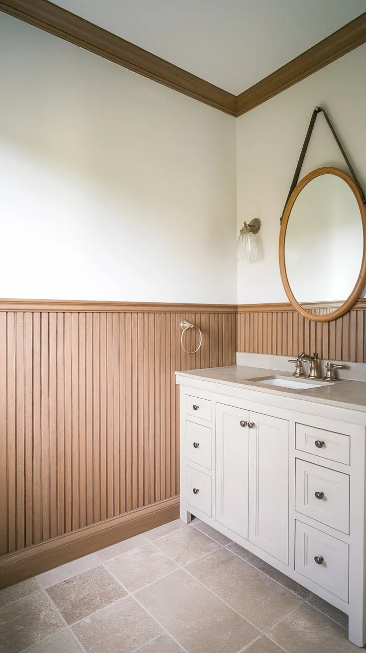 This bathroom's charm is undeniable, thanks to the full-height beadboard wainscoting.  The light wood stain against the crisp white paint creates a serene space.  Learn how to add beadboard to walls and achieve this look yourself – from beadboard wall installation to choosing the perfect wainscoting height, it's a DIY project that elevates any room.  Consider beadboard and batten for a similar effect, or explore how to hang a mirror over wainscoting for a polished finish.  This design also inspires ideas for a wallpaper and beadboard bedroom or even a beadboard ceiling hallway.  Beadboard bathroom DIY projects don't get much more elegant than this.