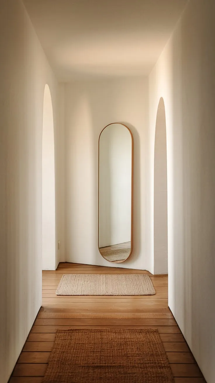 Soft light illuminates this minimalist hall design, showcasing a sleek corridor mirror near the bedroom entrance. The wooden floors and white walls create a serene atmosphere, complemented by a simple rug at the entrance. This home hall design offers practical corridor mirror ideas and inspiring room entrance ideas for a truly entrance minimalist aesthetic.