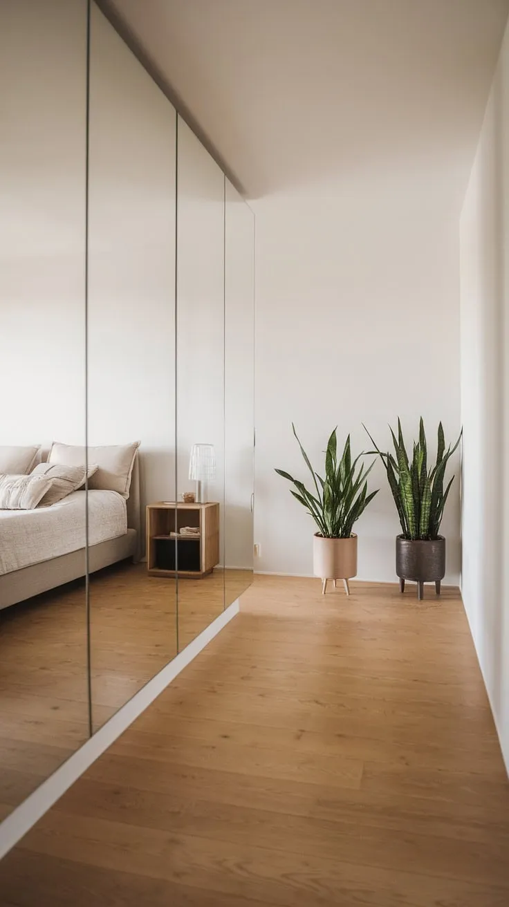 This home hall design features a striking hallway mirror wall, maximizing light and space in this narrow corridor. The reflection subtly reveals the bedroom entrance, showcasing clever room entrance ideas. Potted plants flank the wall, adding a touch of life to this entrance minimalist space. The wooden floors and soft lighting complete the calming atmosphere, offering inspiration for corridor mirror ideas and hall design.