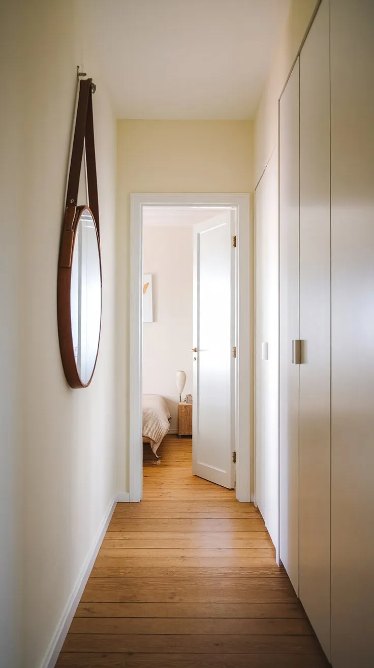 A minimalist home hall design, featuring a hallway mirror wall that adds depth and light, leading to a serene bedroom entrance. This corridor mirror idea is perfect for room entrance ideas and an entrance minimalist aesthetic.