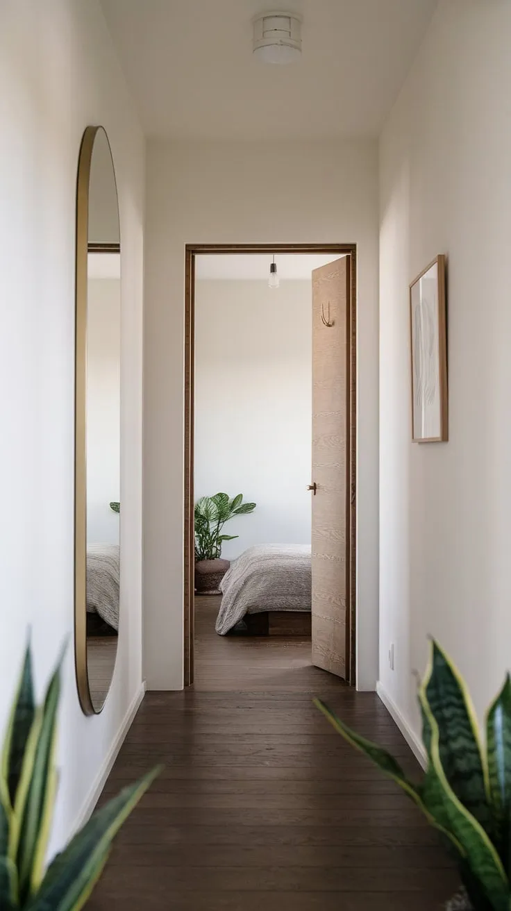 A minimalist home hall design, featuring a hallway mirror wall and a subtly inviting bedroom entrance. Perfect corridor mirror ideas for a sleek room entrance ideas.
