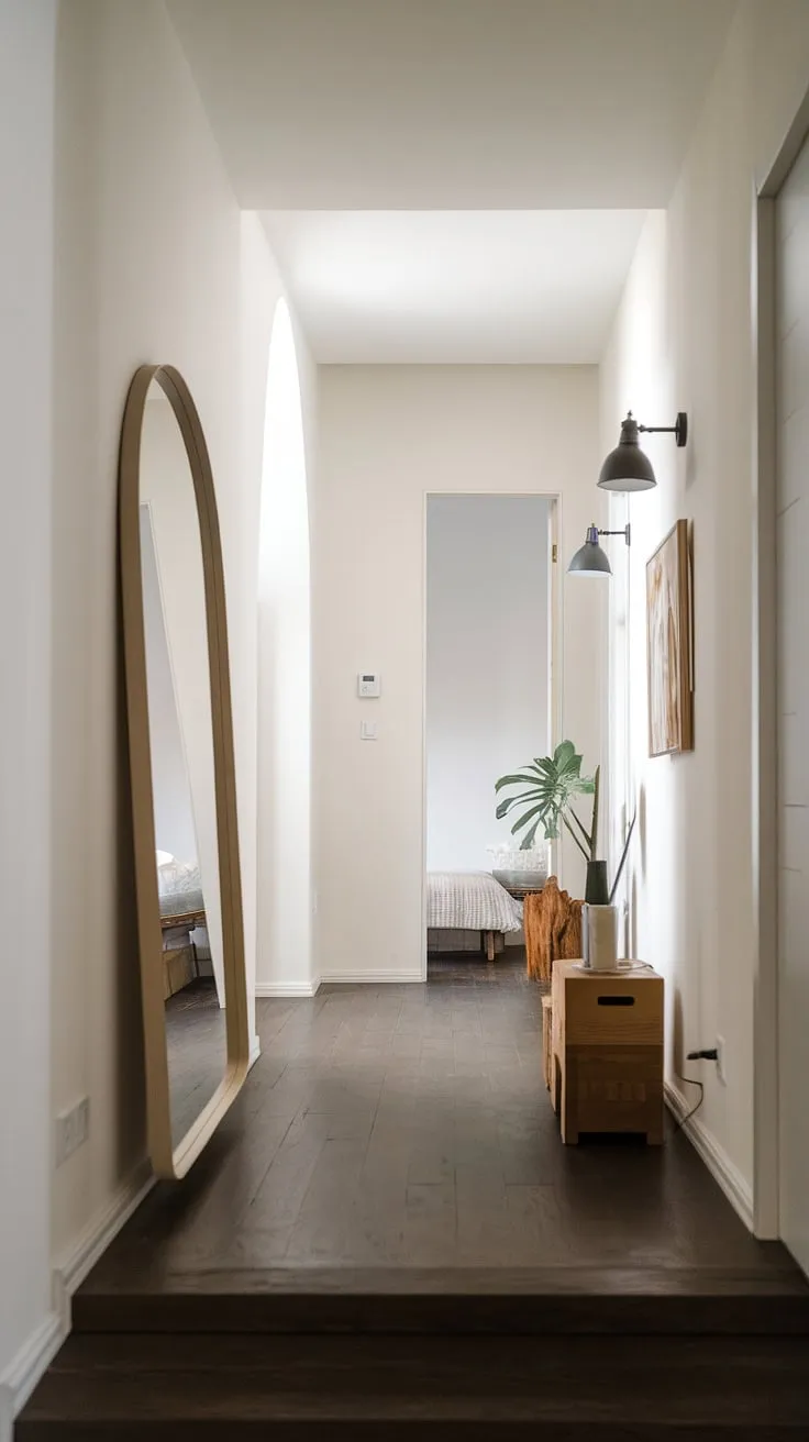 A serene home hall design unfolds, showcasing minimalist elegance. The hallway mirror wall, featuring a large mirror flanked by subtle lamps, creates a sense of spaciousness. Clever corridor mirror ideas are on display, enhancing the light and reflecting the simple beauty of the space. The bedroom entrance, subtly marked, leads to further tranquility. Room entrance ideas are subtly incorporated, with a small plant and wooden box adding understated charm to this sophisticated hall design.