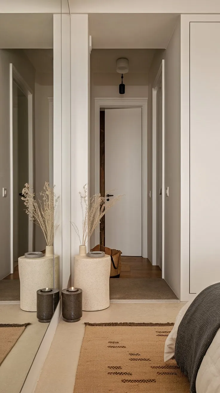 Step into serenity. This minimalist bedroom entrance, featuring a hallway mirror wall and thoughtful corridor mirror ideas, sets the tone for the entire home hall design. Room entrance ideas don't get more elegant.