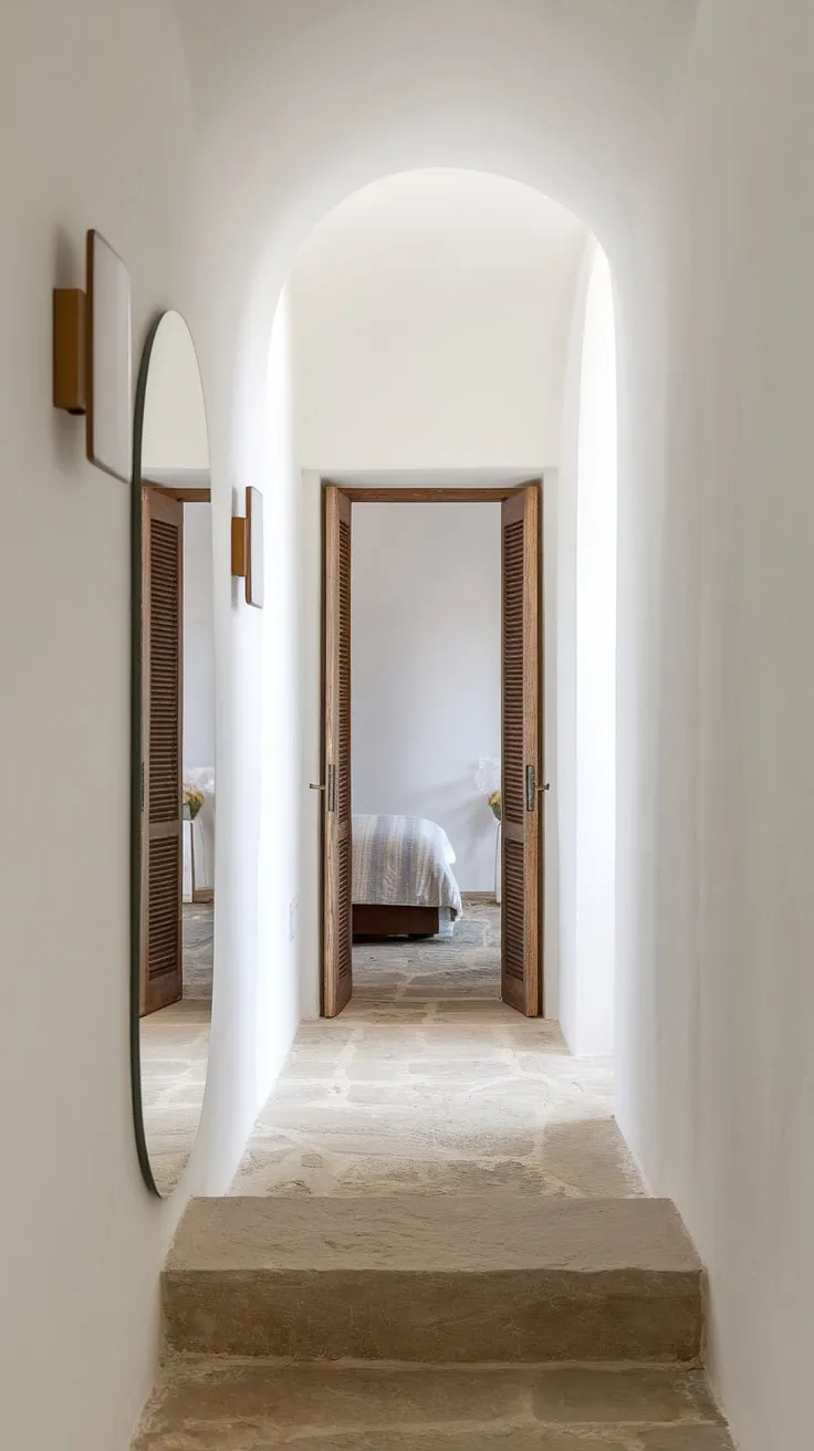 Sunlight streams into this bright and airy hallway, showcasing a minimalist home hall design. The clean lines of the white walls, stone floor, and simple wall sconces complement the elegant corridor mirror ideas, creating a sophisticated entrance minimalist feel. The wooden bedroom entrance, a subtle yet stylish room entrance ideas, completes the look.
