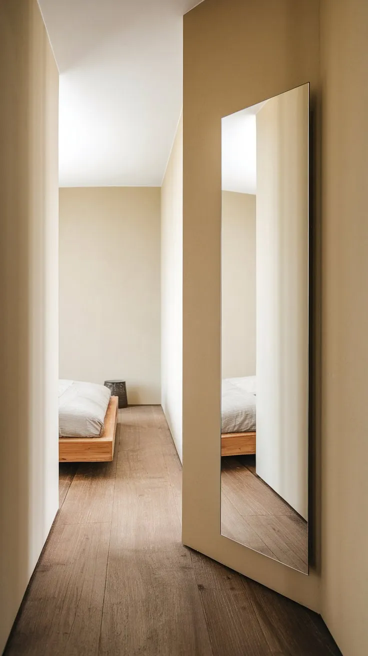 A minimalist bedroom entrance, perfectly framed by a hallway mirror reflecting the serene home hall design. Corridor mirror ideas for a stylish and space-enhancing room entrance ideas.
