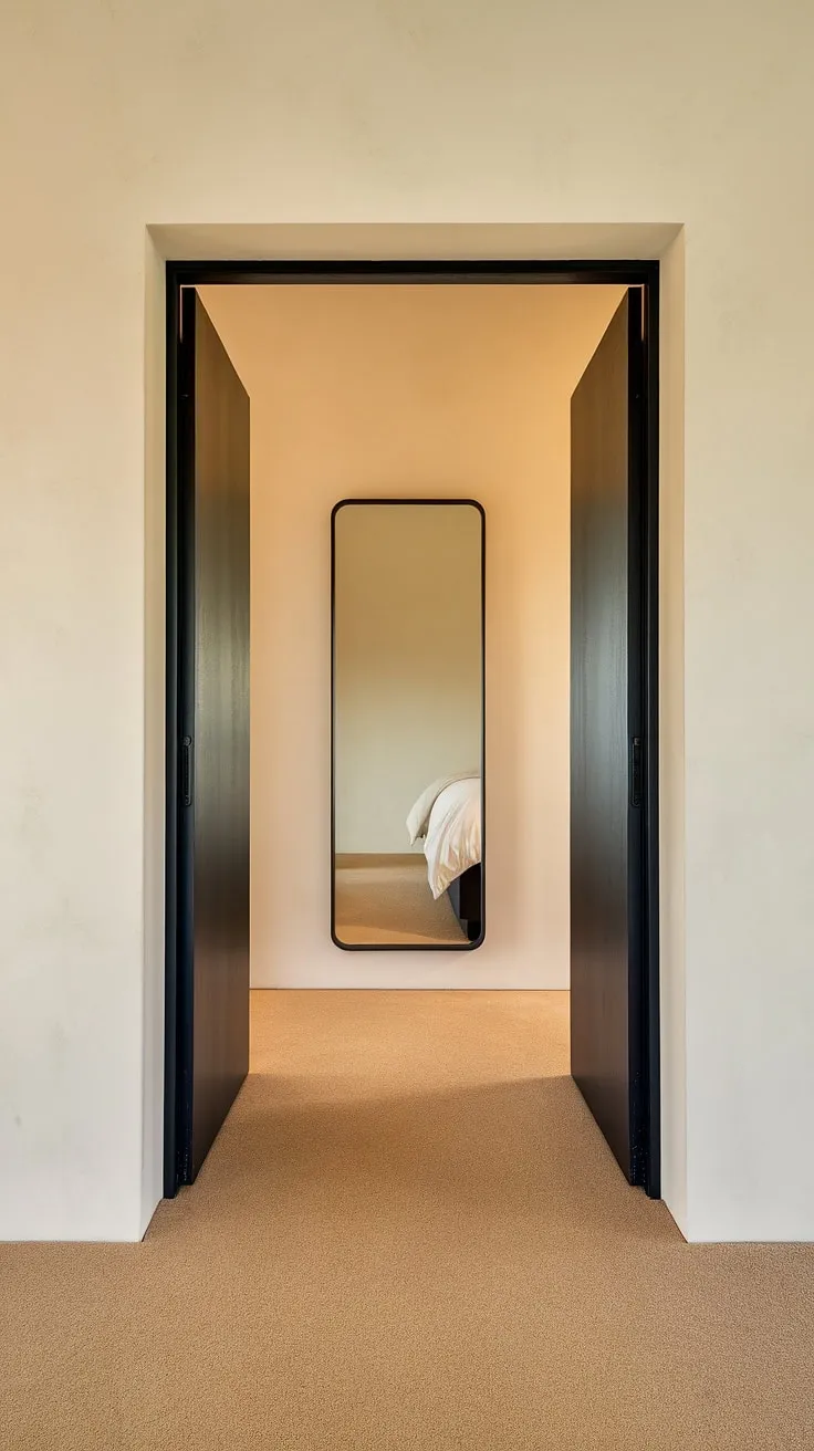 A study in simplicity: this entrance minimalist design showcases the elegance of a hallway mirror wall, offering both style and functionality in a sophisticated hall design.