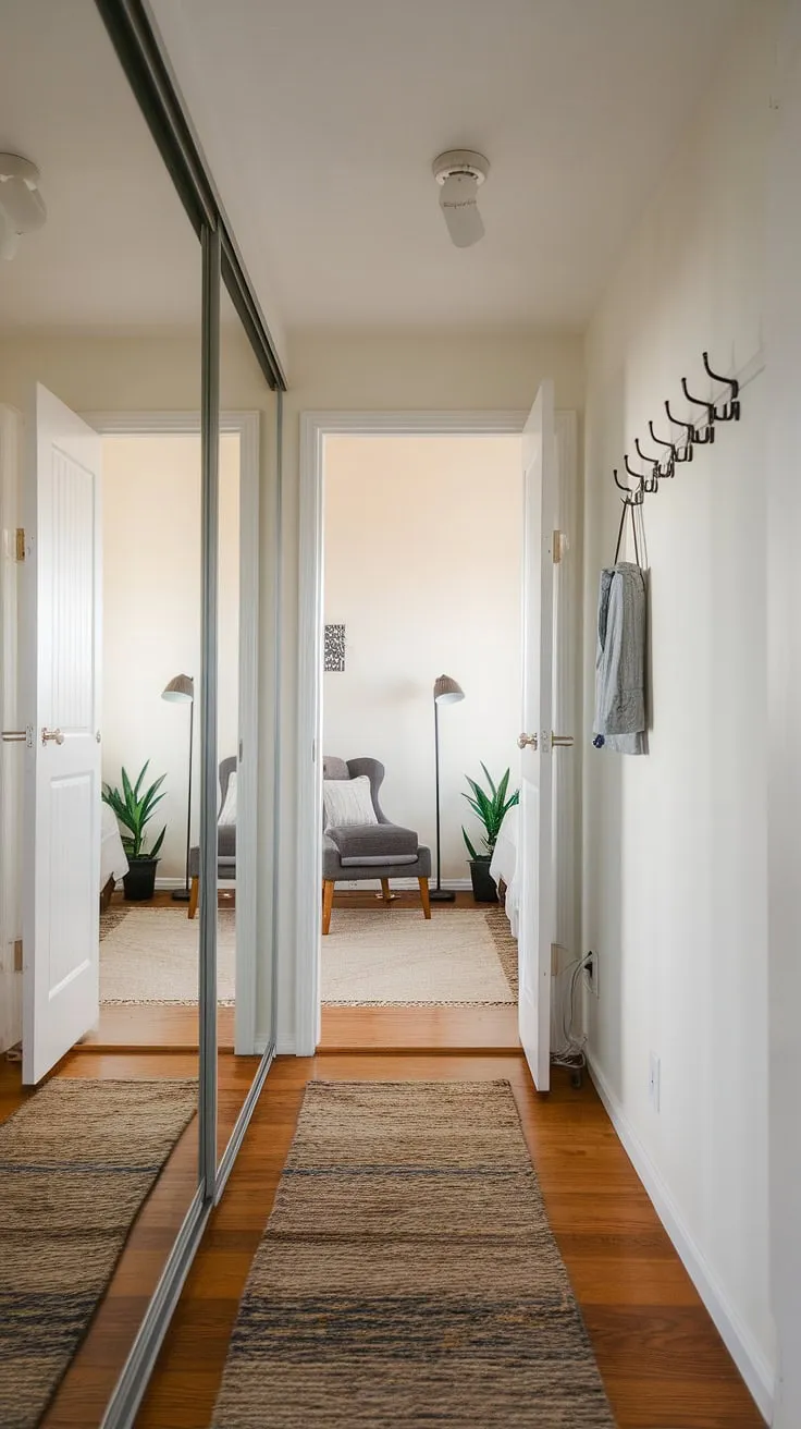 Step into serenity. This minimalist bedroom entrance, featuring clever corridor mirror ideas and a thoughtfully designed home hall design, sets the tone for peaceful rest.