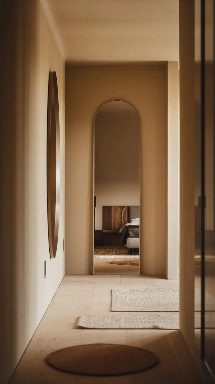 This home hall design showcases clever room entrance ideas; a hallway mirror wall reflecting light and enhancing the entrance minimalist aesthetic.