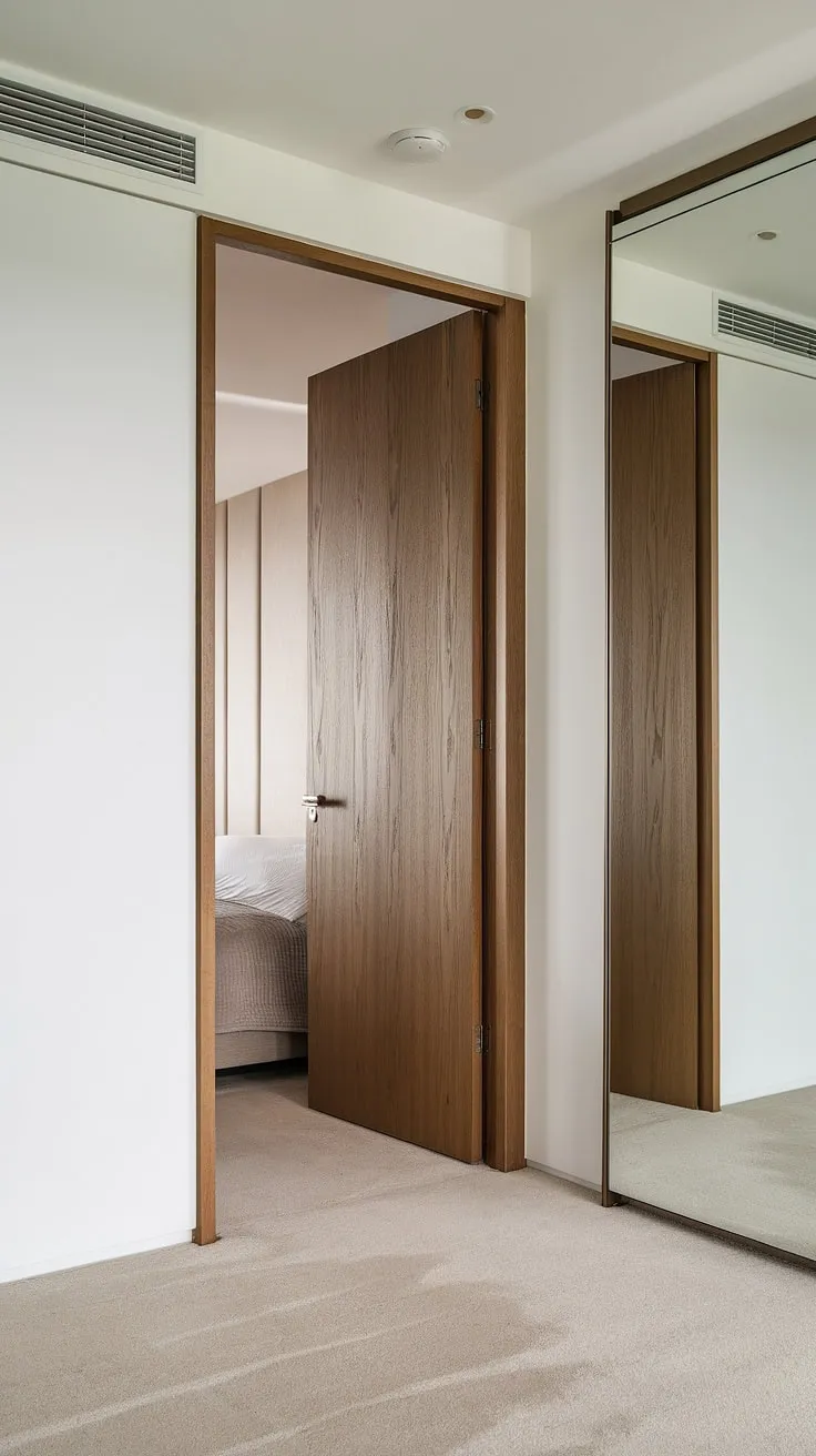 This home hall design incorporates a simple yet elegant entrance minimalist style. The light-colored carpet complements the white wall and wooden door, while the large corridor mirror provides a striking focal point. Consider this for your own room entrance ideas and explore similar hallway mirror wall options for your corridor mirror ideas.