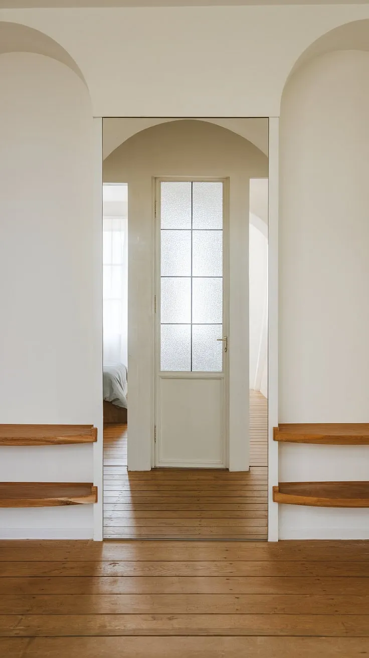 Step into serenity: This minimalist bedroom entrance, featuring a hallway mirror wall and sleek wooden floors, offers a perfect blend of style and functionality. Room entrance ideas and corridor mirror ideas seamlessly unite in this home hall design.