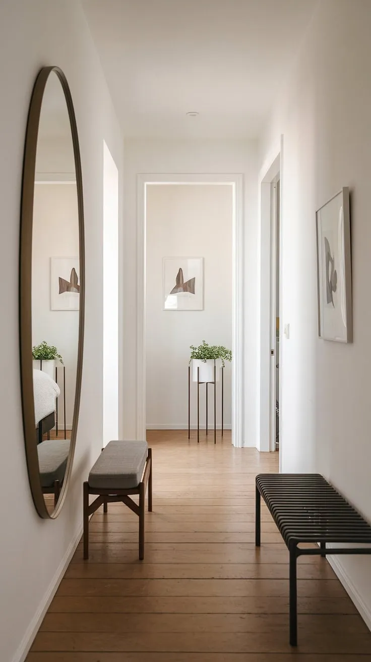 A minimalist hallway, perfectly reflecting serenity. The bedroom entrance beckons, framed by clever corridor mirror ideas and a thoughtful home hall design.