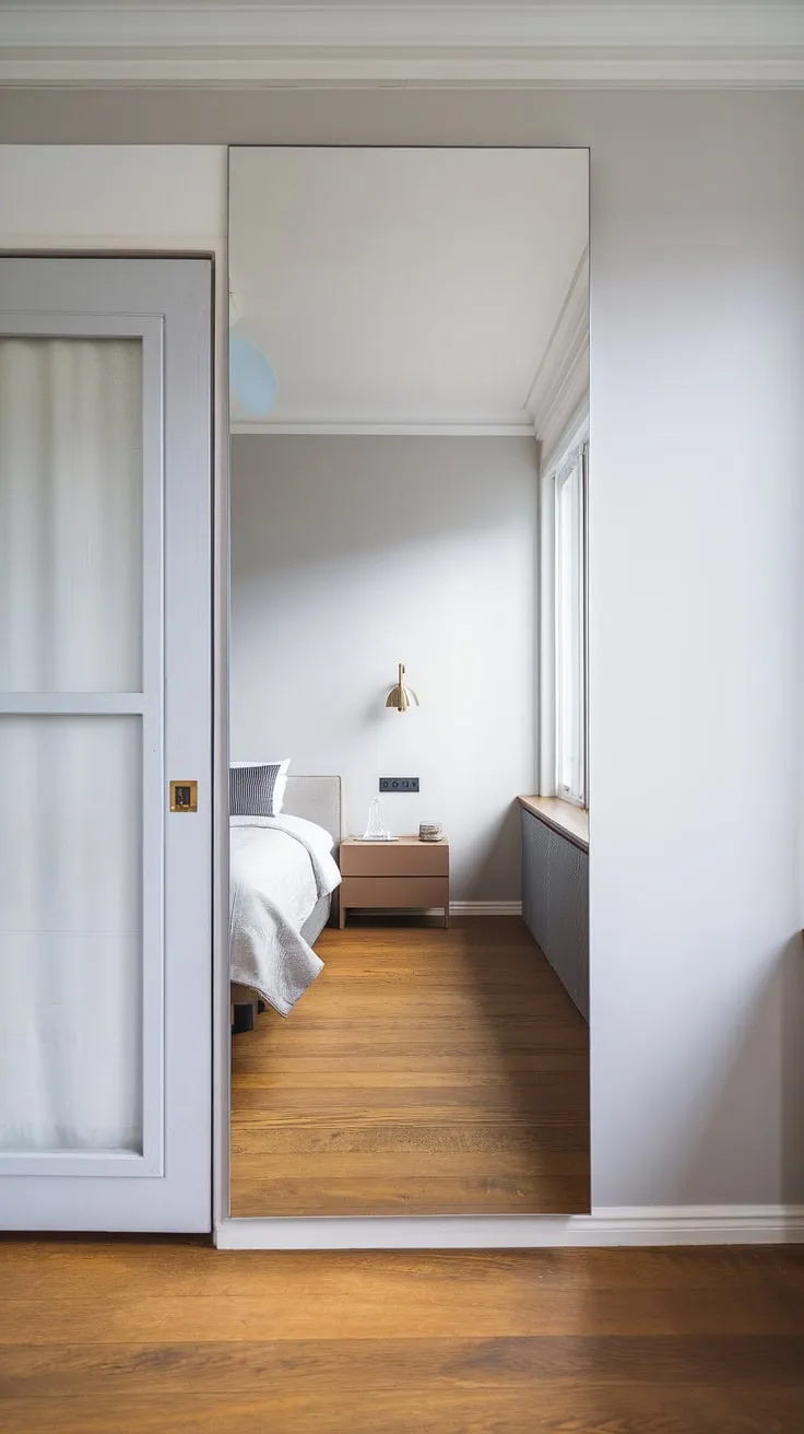 A sophisticated room entrance ideas showcasing an entrance minimalist design. The strategically placed hallway mirror wall, a key element in this hall design, reflects the inviting bedroom beyond, maximizing light and space.