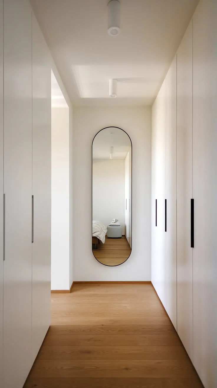 A minimalist hallway, perfectly framed by a corridor mirror, leads to a serene bedroom entrance. This home hall design showcases simple elegance and offers inspiring room entrance ideas.