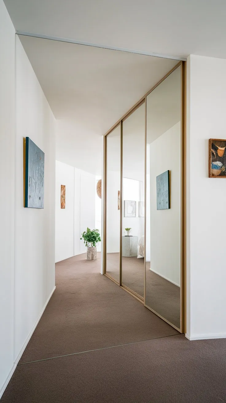 A minimalist hallway, reflecting serenity. The hallway mirror wall creates a dramatic focal point before the bedroom entrance, offering clever corridor mirror ideas and inspiring room entrance ideas for your home hall design. This entrance minimalist style elevates the hall design.
