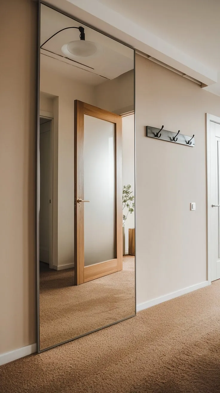 This entrance minimalist design showcases the beauty of simplicity. Room entrance ideas don't get more stylish than this hallway mirror wall, a key element in the hall design.