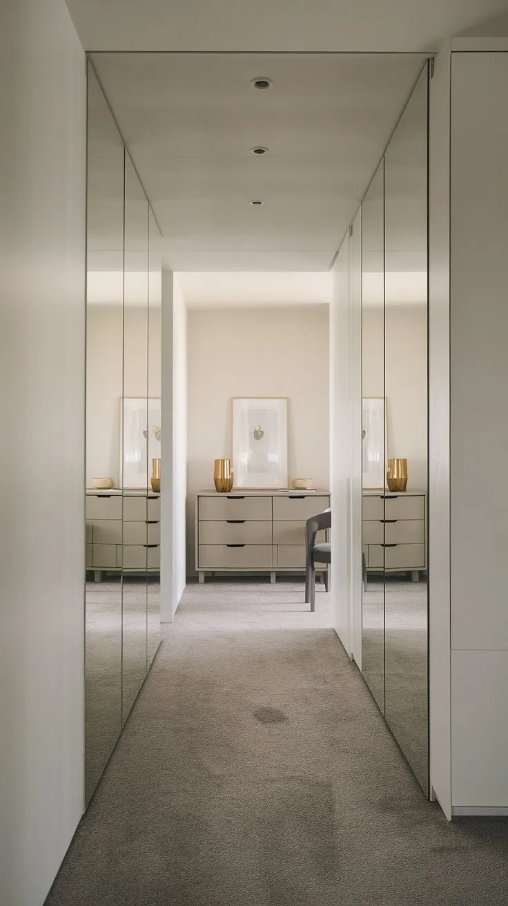 A serene bedroom entrance, showcasing minimalist design at its finest. The gray carpet softens the clean white walls, while the hallway mirror wall creates an illusion of space and adds a touch of elegance to this home hall design. Clever corridor mirror ideas elevate the room entrance ideas, making this hall design both functional and stylish.