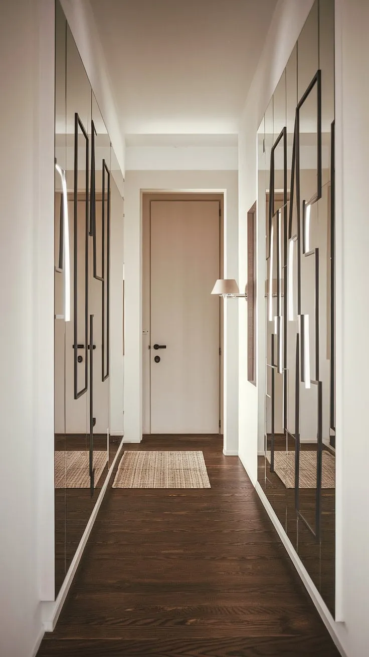 This hall design showcases a stunning hallway mirror wall, providing ample corridor mirror ideas. The understated bedroom entrance, with its dark wood floor and simple rug, exemplifies entrance minimalist style and offers fresh room entrance ideas.