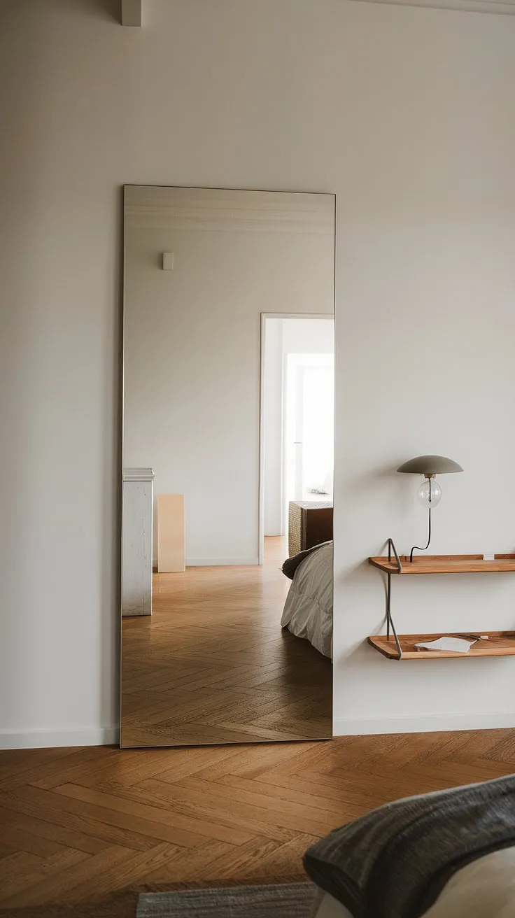 This stunning hallway mirror wall acts as a focal point in this minimalist bedroom entrance, creating an illusion of space and reflecting the light throughout the room. The simple wooden shelf and lamp near the mirror complement the overall home hall design, offering practical storage and soft illumination. Consider this image for inspiration when exploring corridor mirror ideas and room entrance ideas for your own entrance minimalist space.