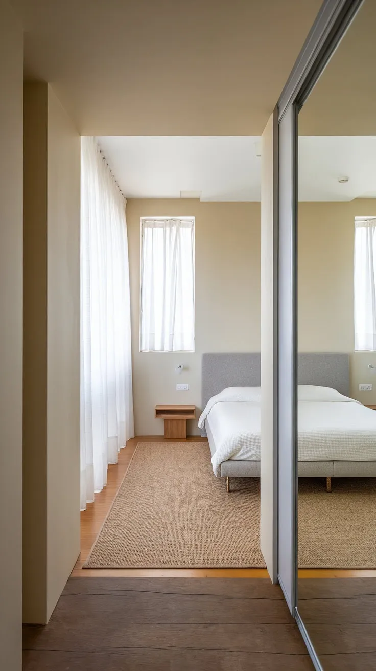 Step into tranquility. This entrance minimalist design, featuring a hallway mirror wall and thoughtful hall design, offers inspiration for your own corridor mirror ideas and room entrance ideas.