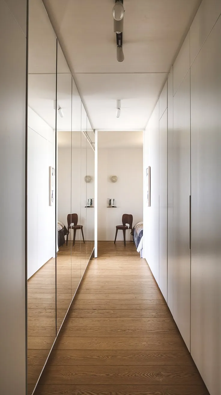 A pristine white home hall design showcases clever corridor mirror ideas, maximizing space and light. The hallway mirror wall reflects the minimalist furniture—a small table and chair—leading to a simple, yet elegant bedroom entrance. This room entrance ideas exemplifies clean lines and functionality.