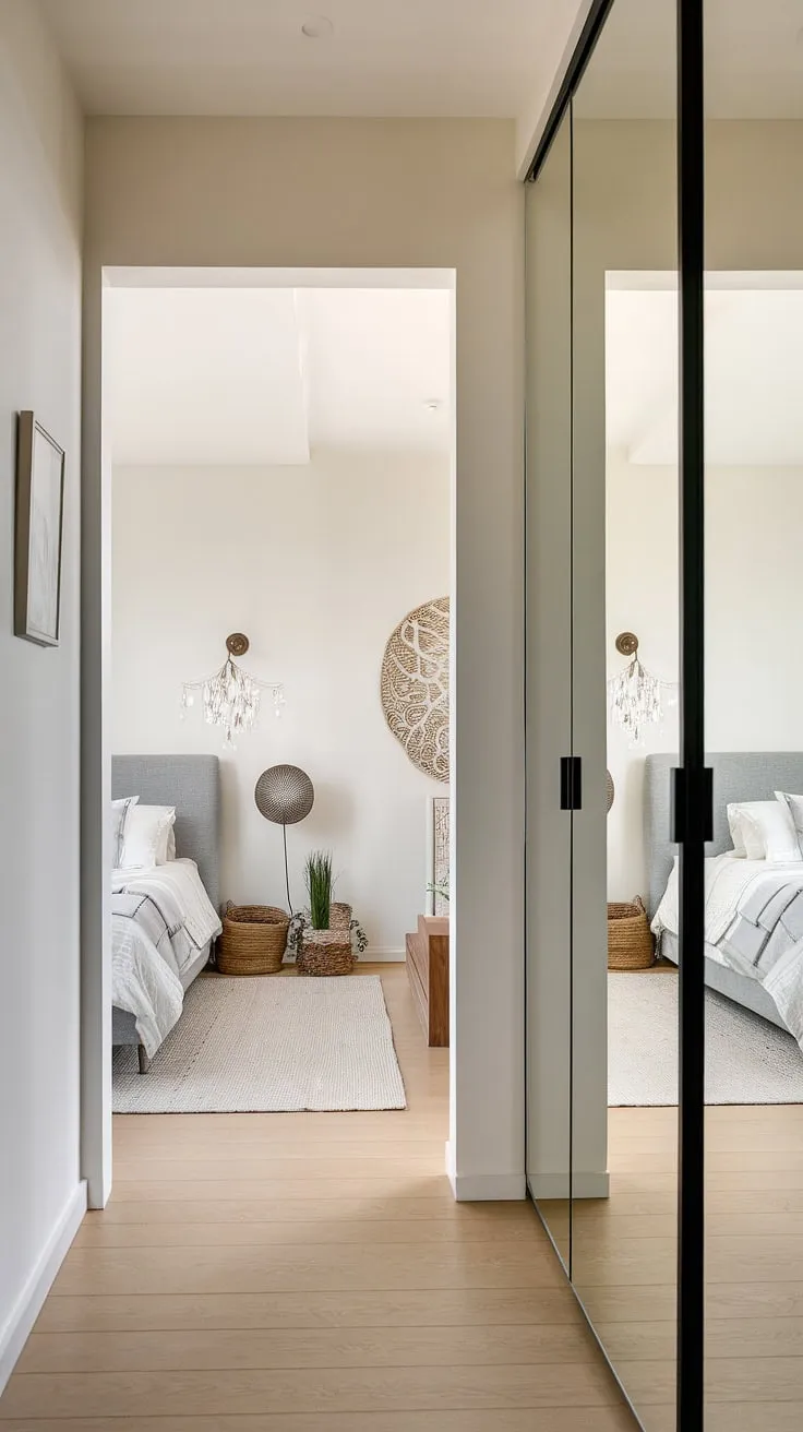 This hallway mirror wall is a striking feature in this home hall design, creating the illusion of more space within the minimalist bedroom entrance. The light hardwood floors complement the clean lines of the entrance, offering inspiration for room entrance ideas and corridor mirror ideas. The overall effect is a sophisticated and calming hall design.