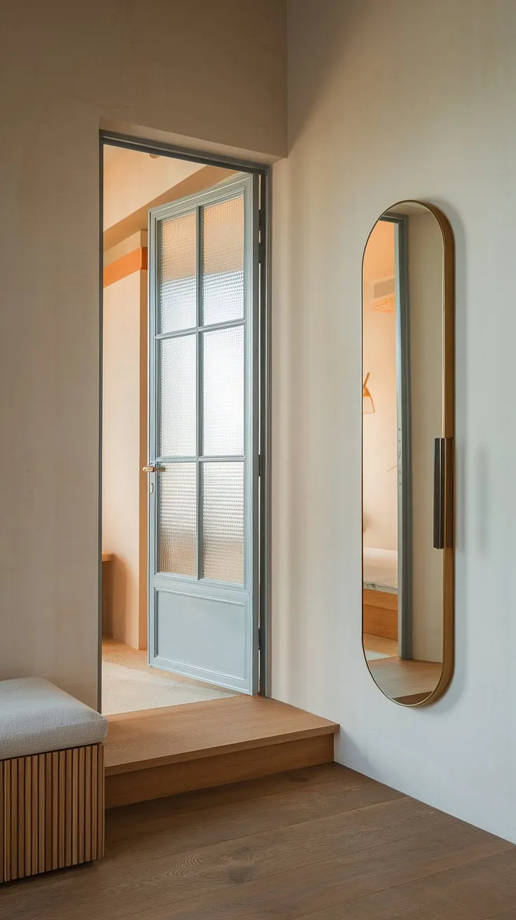 A serene bedroom entrance, showcasing minimalist design at its finest. The hallway mirror wall, a key element in these corridor mirror ideas, reflects light and expands the space. Clever room entrance ideas like this small seating area create a welcoming transition. The light wood flooring complements the home hall design, making this hall design both functional and stylish.