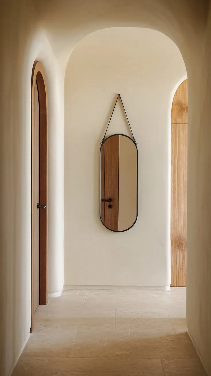 A minimalist bedroom entrance, defined by clean lines and a striking corridor mirror. Perfect hallway mirror wall ideas for a sophisticated home hall design.