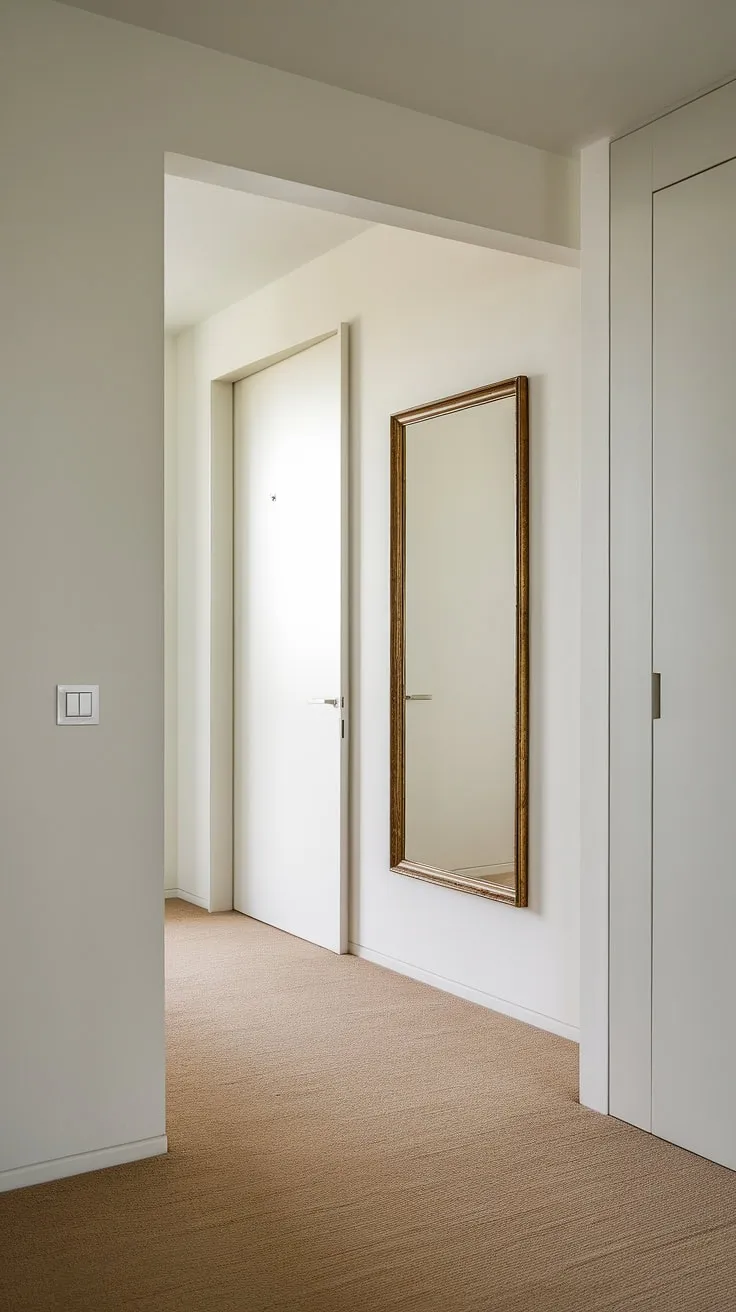 A hallway mirror wall transforms this simple bedroom entrance into a statement piece. Entrance minimalist design at its finest, showcasing elegant corridor mirror ideas and inspiring room entrance ideas for your home hall design.