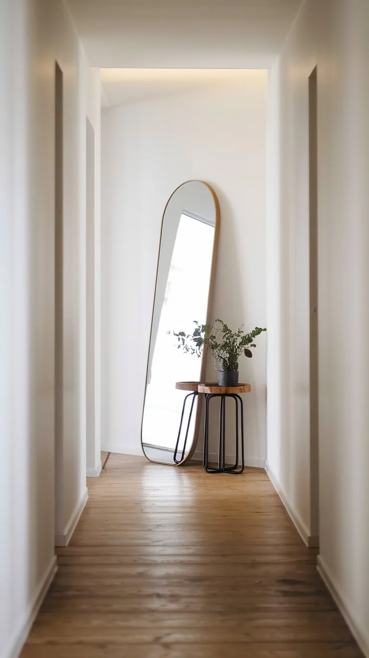 This entrance minimalist design features a stunning hallway mirror wall, perfect for corridor mirror ideas and creating a spacious feel. The simple home hall design makes a statement as a stylish bedroom entrance.