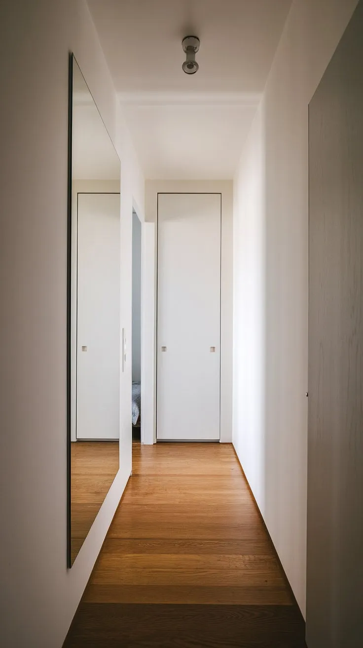 A single overhead light illuminates the clean lines of this minimalist home hall design, highlighting the hallway mirror wall and reflecting the light down the length of the wooden plank floor. The corridor mirror ideas create a sense of spaciousness, leading the eye to the closed bedroom entrance at the end of the hallway. This entrance minimalist design offers simple yet elegant room entrance ideas.