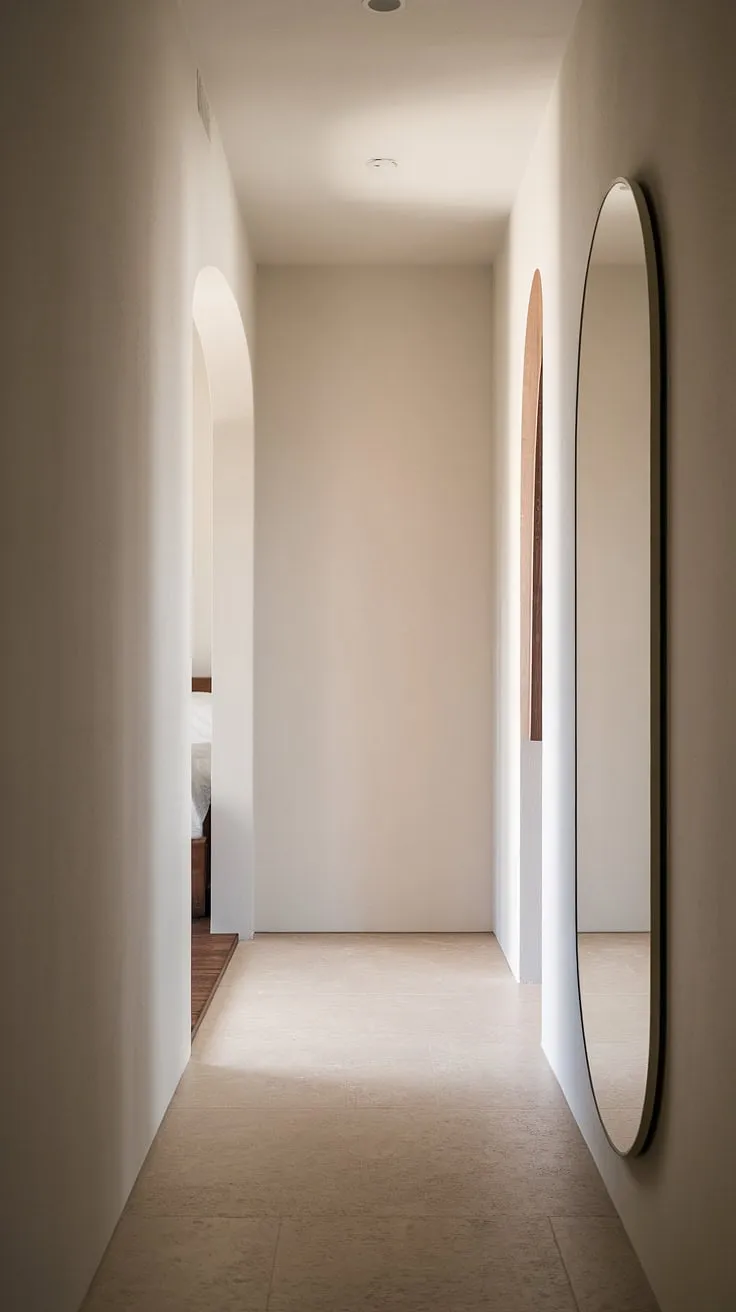 Soft light illuminates this minimalist home hall design, where a hallway mirror wall reflects the subtle elegance of the light grey walls and beige tile floor. The corridor mirror ideas are perfectly executed, leading the eye to the simple yet stylish bedroom entrance at the end of the hall. Room entrance ideas like this exemplify a clean, modern aesthetic.