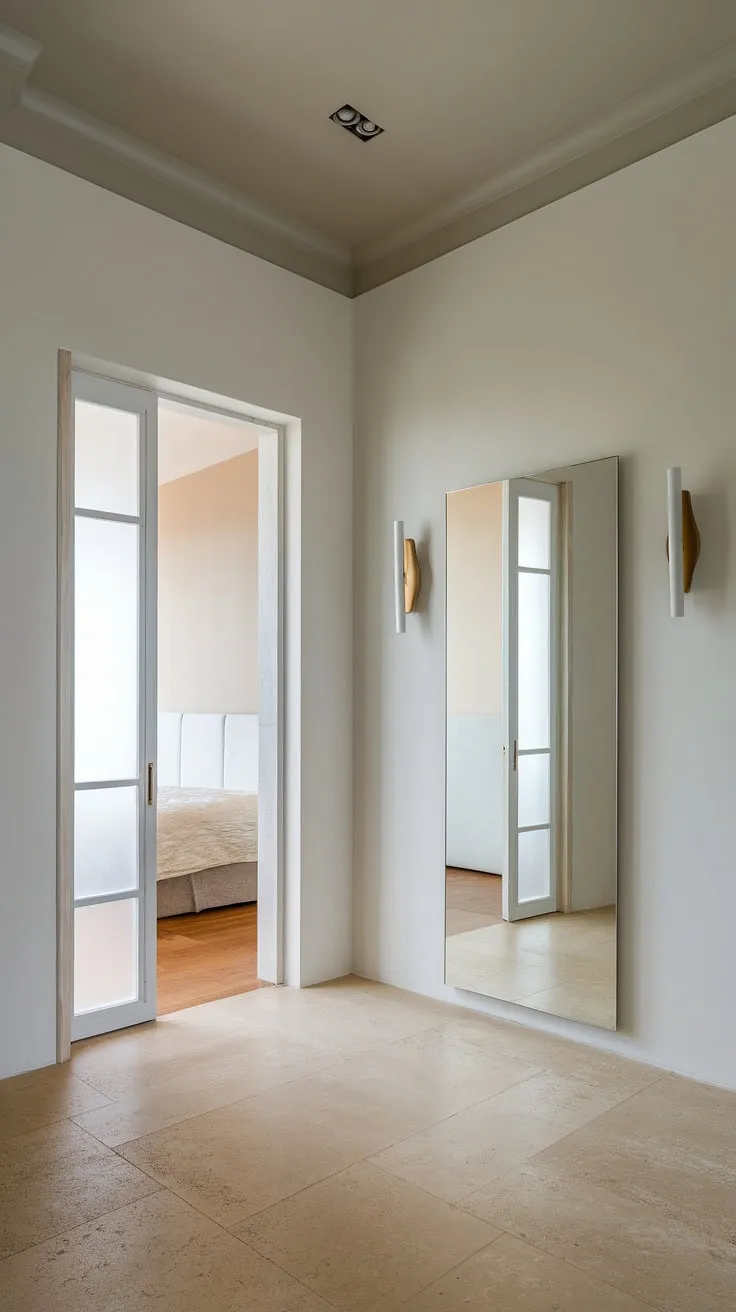 A serene bedroom entrance, defined by minimalist hall design and clever corridor mirror ideas. This home hall design showcases simple elegance.