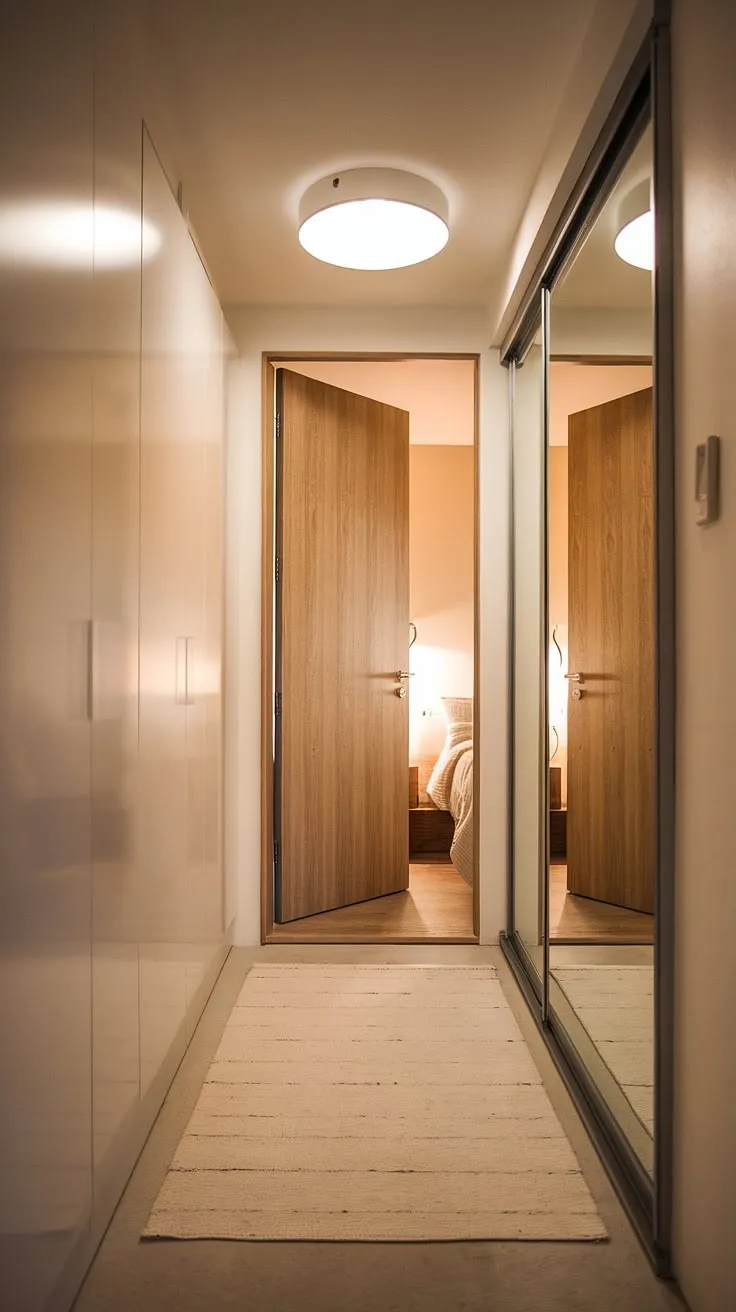 A stunning example of hall design, this space showcases clever corridor mirror ideas. The large hallway mirror wall dramatically expands the feel of the narrow hallway, while the subtly lit bedroom entrance and white rug maintain a calm, minimalist atmosphere. This home hall design offers inspiring room entrance ideas and a sophisticated entrance minimalist style.